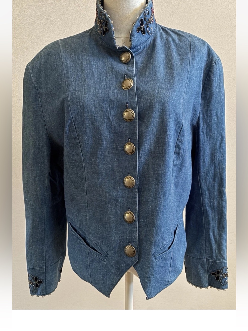 Double D Ranchwear Beaded Denim Jacket Medium Western Military Embroidered